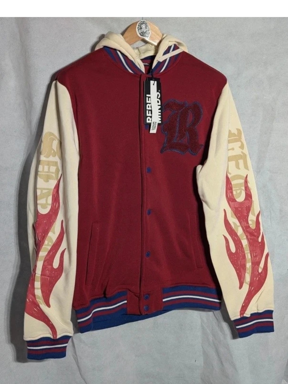 Rebel Minds Hooded Varsity Jacket M NWT Burgundy Flame Doberman Graphic Fleece